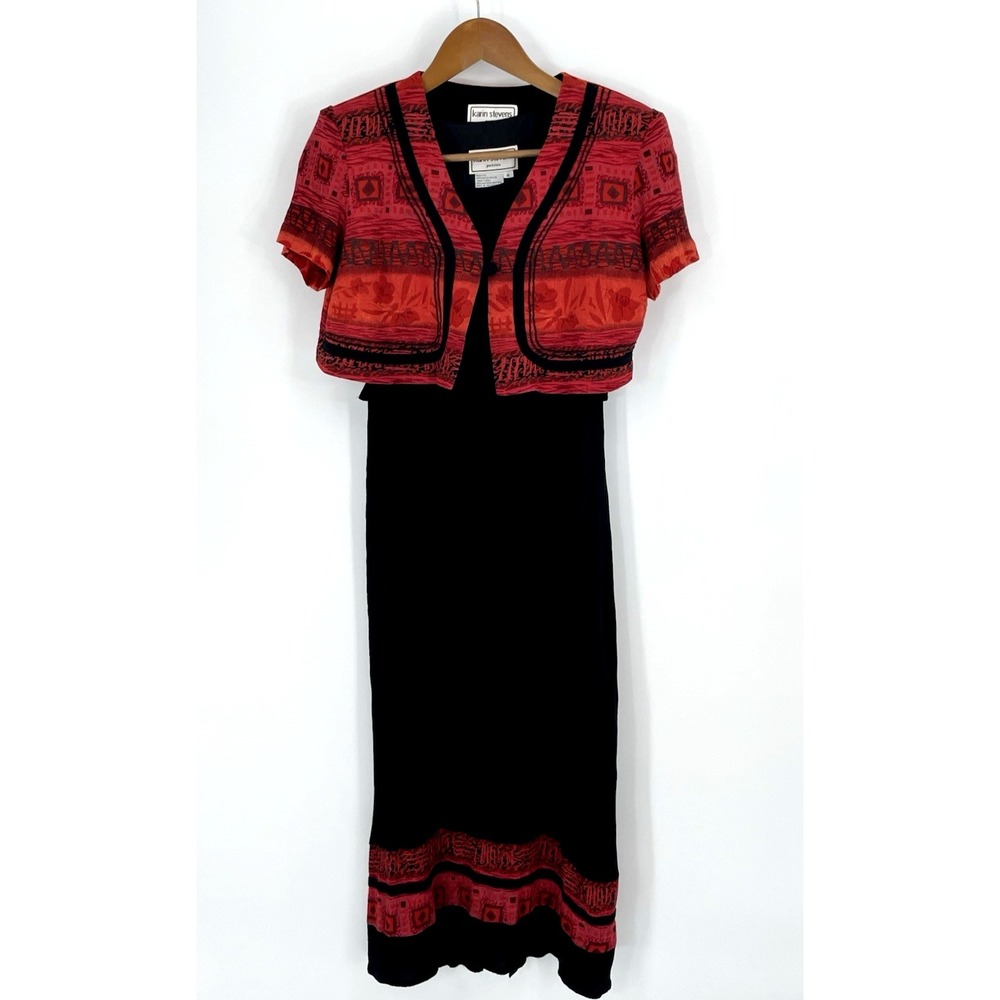 Karin Stevens Womens 6P Two Piece Jacket Dress Set‎ Red Black Casual